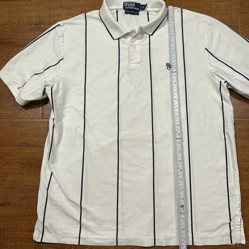 Vintage 90s Ralph Lauren Tennis Polo Shirt Mens L White Stripe Pima Cotton Peru